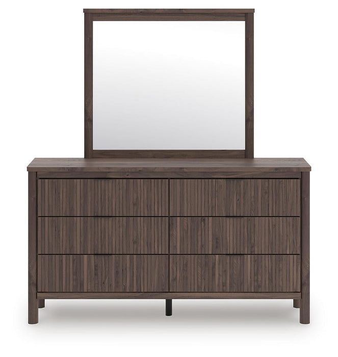 Pamytta Twin Upholstered Panel Platform Bed, Dresser and Mirror